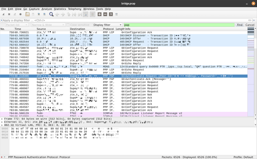 Wireshark showing PAP authentication request with credentials