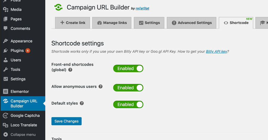 Campaign URL Builder Shortcode Settings